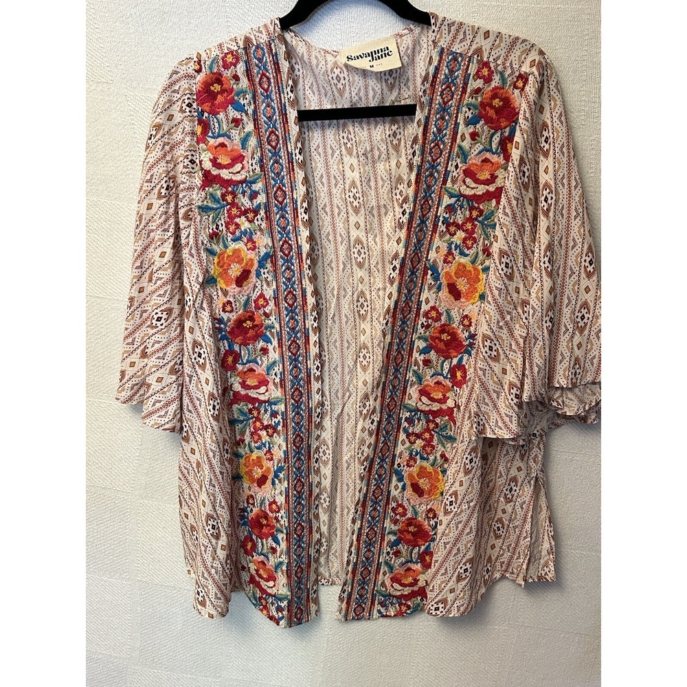 Savanna Jane Boho Embroidered Western Short Bell Sleeve Open Front Kimono SZ Med